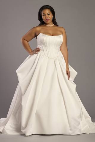 View Oleg Cassini Satin Corset Ball Gown with Skirt Pick-Ups in all available color and sizes Picture of Satin Corset Ball Gown with Skirt Pick-Ups